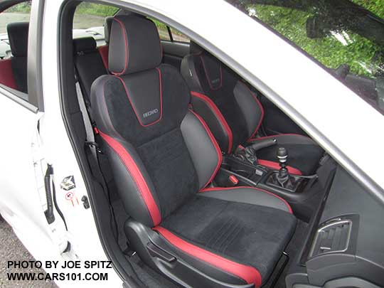 2018 Subaru WRX Premium optional Performance Package #12 Recaro front seats, upper logo. Black alcantara seating surface with red bolsters, red stitching, red piping