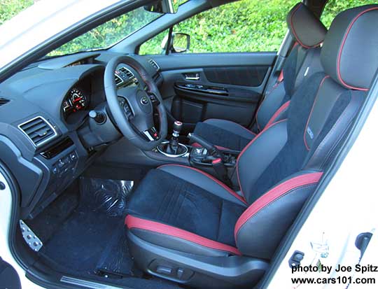 2018 Subaru WRX STI Limited interior, black alcantara, red leather bolsters, red stitching Recaro seats with upper seat back logo,  power driver's seat.