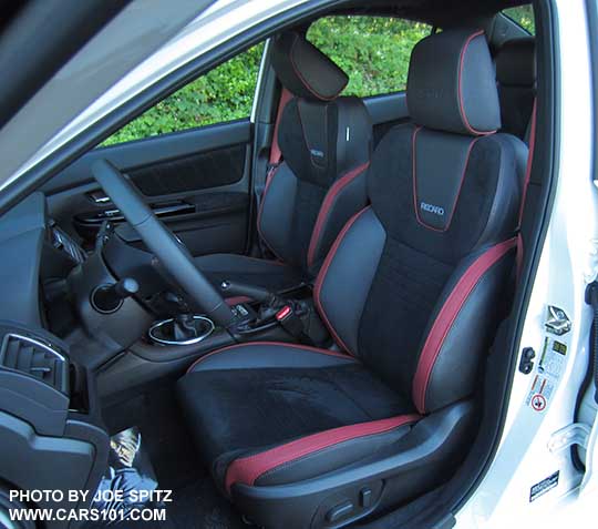 2018 Subaru WRX STI Limited interior, black alcantara, red leather bolsters Recaro seating with upper seat back logo,  power driver's seat.