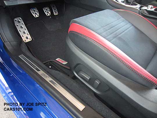 2018 Subaru WRX STI driver's door STI sill plate, metal pedal covers, STI logo floor mat. Limited model with power drivers seat.