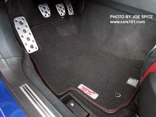 2018 Subaru WRX STI driver's door STI sill plate, metal pedal covers, STI logo floor mat, gas door opener