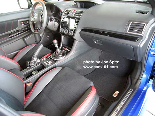 2018 Subaru WRX STI interior- black and red seats, gloss black dash trim, center console with DCCD and SI Drive, STI floor mat