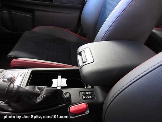 2018 Subaru WRX STI with optional front armrest extension, shown in the up position