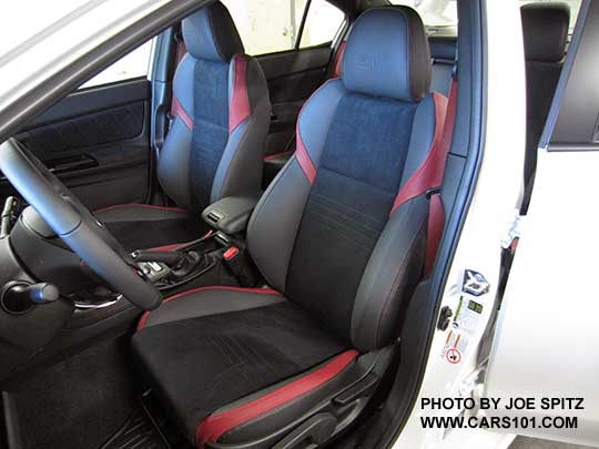 2018 Subaru WRX STI front driver's seat, black alcantara with red bolsters, red stitching, Manual height adjustment (this is not a Limited model).