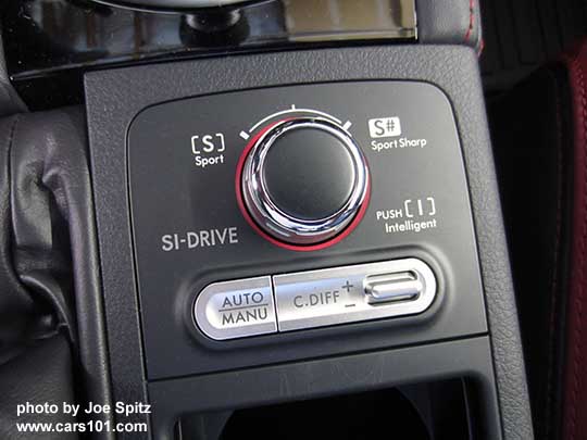 closeup of the 2018 Subaru WRX STI center console with DCCD and SI Drive controls