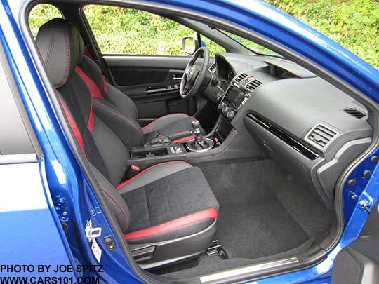 2018 Subaru WRX STI interior- black and red seats, gloss black dash trim, door sill plate, center console with DCCD and SI Drive