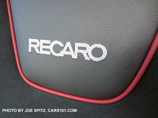 closeup of the 2018 Subaru WRX Premium optional Recaro front seat with embroidered upper logo.