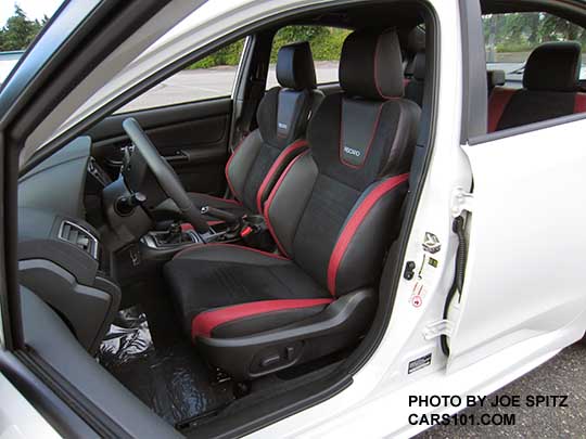 2018 Subaru WRX Premium optional Recaro brand power front seat. Black alcantara, red bolsters, red stitching, red piping, upper logo. Only available with optional Performance Package #12.