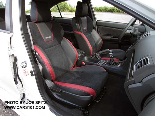 2018 Subaru WRX Premium optional Recaro brand front seats. Black alcantara, red bolsters, red stitching, red piping, upper logo. only included with optional Performance Package #12