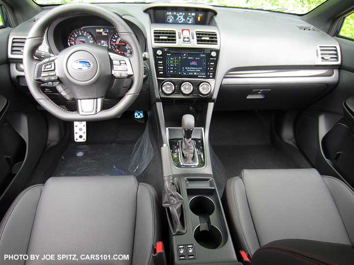 2018 Subaru WRX Limited interior, dashboard, center console with CVT transmission with gloss black trim and leather shift knob, 7" audio, auto single zone climate control, 5.9" upper console trip computer multi-function display