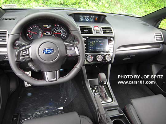 2018 Subaru WRX Limited interior, dashboard, center console with CVT transmission with gloss black trim, 7" audio, auto single zone climate control, 5.9" upper console trip computer and multi-function display.