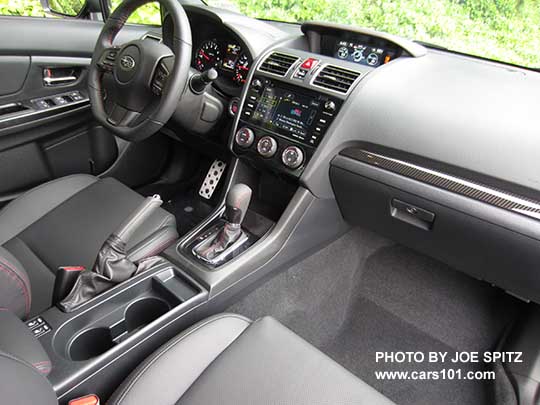 2018 Subaru WRX Limited interior, dashboard, center console with CVT transmission with gloss black trim, 7" audio, auto single zone climate control, 5.9" upper console trip computer and multi-function display.