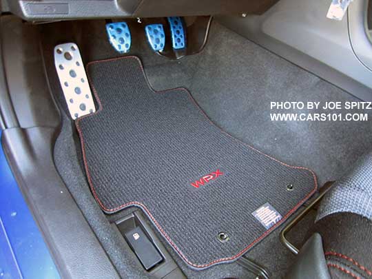 2018 Subaru WRX carpeted floor mat with logo, gas, brake, clutch with metal pedal covers, footrest.