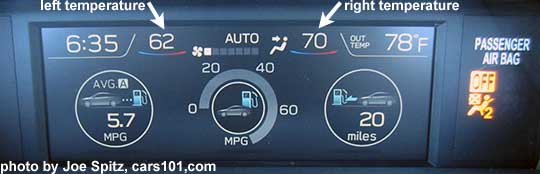 2018 Subaru STI upper console info display showing the dual front zone climate control temperature settings (see white arrows).