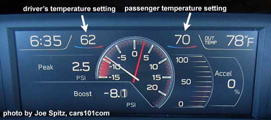 2018 Subaru STI upper console info display showing the dual front zone climate control temperature settings (see white arrows).