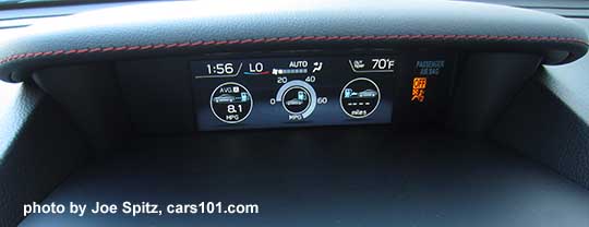 the new for 2018 Subaru WRX and STI upper dash trip computer info display under the padded cover with red stitching. WRX shown.