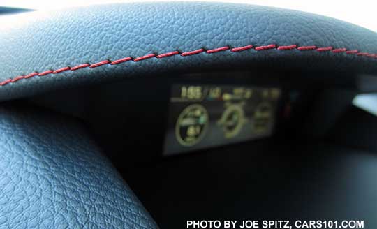 v closeup of the red stitching on the 2018 Subaru WRX and STI info display overhang