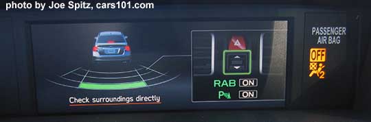 2018 Subaru WRX Limited with optional Eyesight Reverse Auto Brake (RAB) screen showing proximity to rear objects