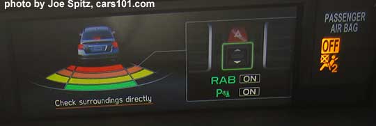 2018 Subaru WRX Limited with optional Eyesight Reverse Auto Brake (RAB) screen showing proximity to rear objects
