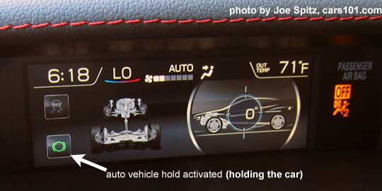 2018 Subaru WRX Limited CVT with optional Eyesight Auto Vehicle Hold 'on' symbol holding the car