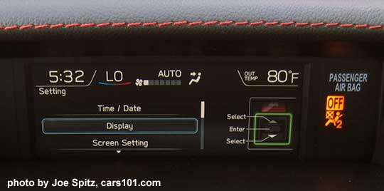2018 Subaru WRX upper console 5.9"  LED color display showing the driver screen selection and setting screen