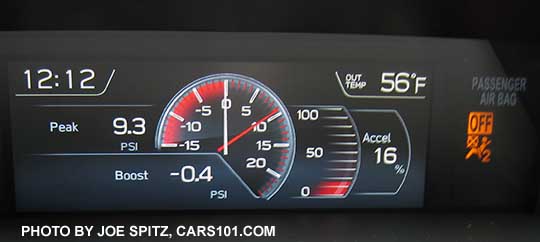 2018 Subaru WRX upper console 5.9" LED, driver selectable,  color info display. Turbo boost gauge shown.