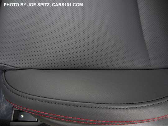 closeup of the 2018 Subaru WRX Limited black perforated leather, red stitching