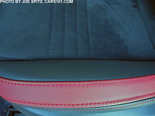 closeup of the 2017 STI alcantara and leather seating material with red bolsters and red stitching