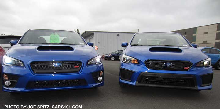 2017 (L) and 2018 (R) Subaru WRX STI front grill and front bumper, side by side, wr blue color shown