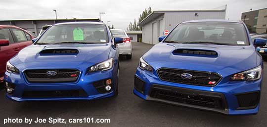 2017 (L) and 2018 (R) Subaru WRX STI front grill and front bumper, side by side, wr blue color shown