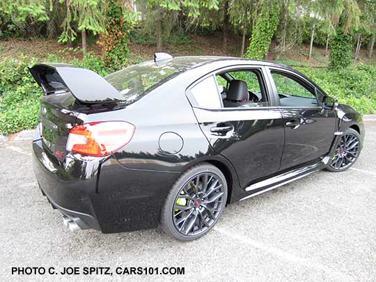 2018 Subaru WRX STI Limited with tall wing spoiler, crystal black silica shown