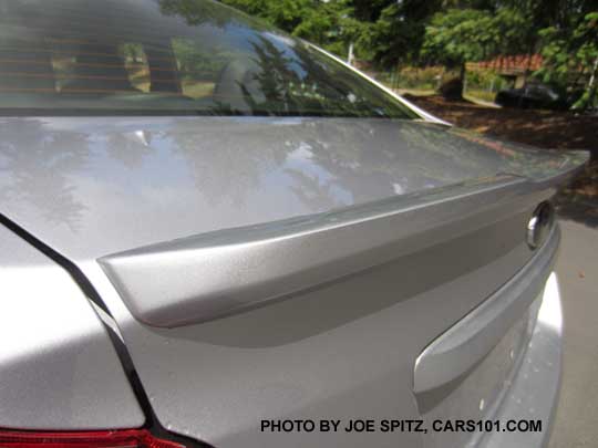 closeup of the 2018 Subaru WRX standard trunk lip spoiler, ice silver shown
