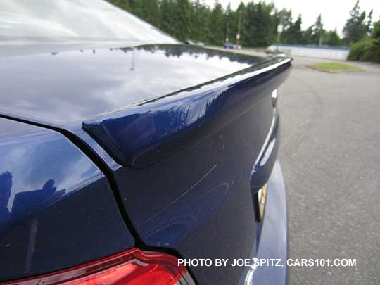 closeup of the 2018 Subaru WRX standard trunk lip spoiler, lapis blue shown