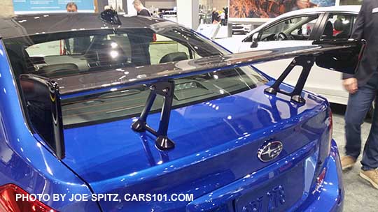 2018 Subaru WRX STI Type RA adjustable carbon fiber trunk spoiler. Photo at 2017 Seattle Auto Show