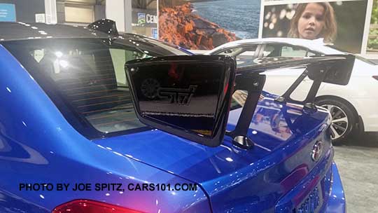 closeup of the 2018 Subaru WRX STI Type RA adjustable rear STI carbon fiber spoiler