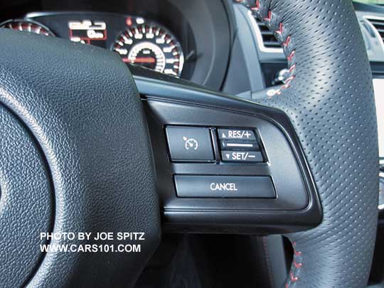 2018 Subaru STI  leather wrapped steering wheel, with red stitching and pebbled grips