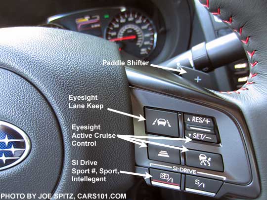 diagrammed 2018 Subaru WRX Limited CVT steering wheel Eyesight Lane Keep, cruise control, and SI Drive buttons.