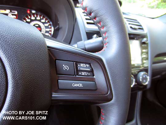 closeup of the smooth leather wrapped 2018 Subaru WRX Limited steering wheel, red stitching, standard cruise controls (no eyesight)