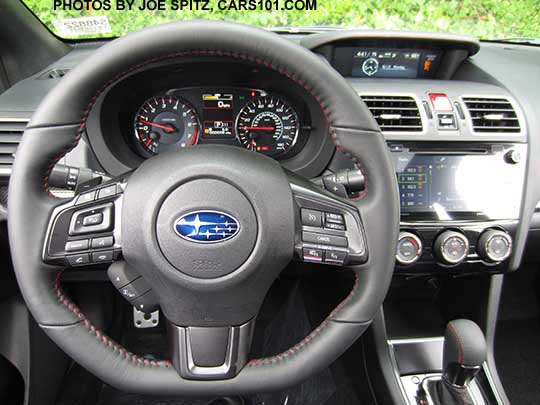 2018 Subaru Limited CVT transmission steering wheel with Si Drive fingertip control. Leather wrapped wheel, red stitching, tilt/telescope, audio and bluetooth controls.