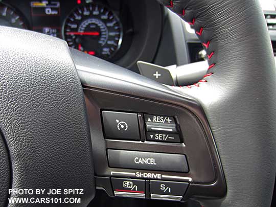 closeup of the smooth leather wrapped 2018 Subaru WRX CVT Si fingertip steering wheel controls, No eyesight