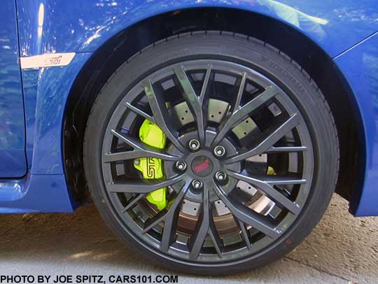 2018 Subaru WRX STI and STI Limited 19" alloy wheel, drilled rotors, yellow brake calipers,  WR Blue car.