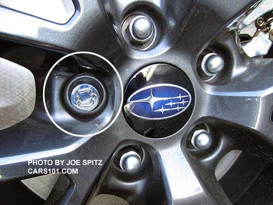 2018 Subaru WRX and STI alloy wheel with the optional lug nut lock circled