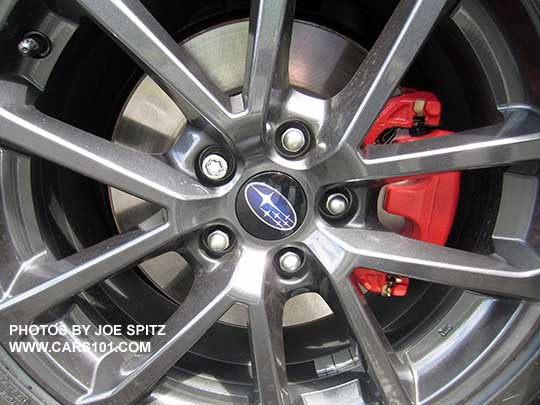 2018 Subaru WRX Premium alloy wheel with red painted brake caliper part of optional Performance Package