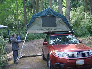 roof top tent opened, on Subaru Forester 2009, 2010, 2011, 2012, 2013 years
