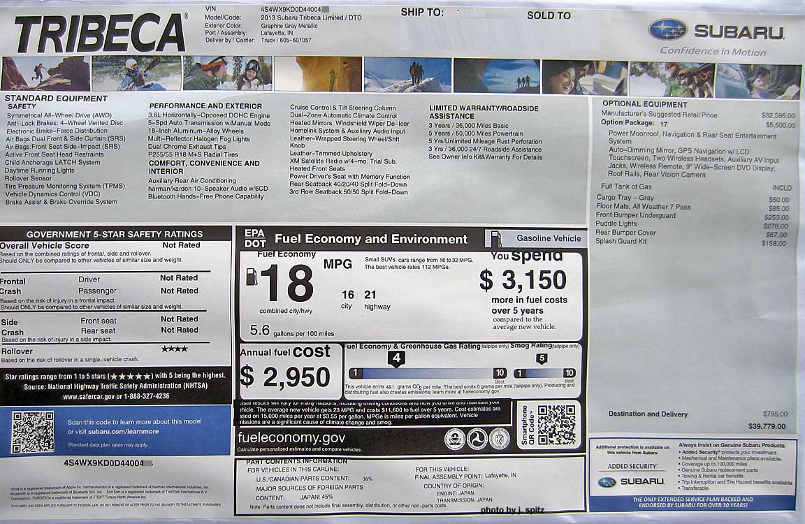 2013 subaru tribeca limited monroney window price sticker