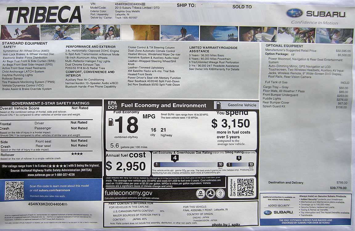 2013 subaru tribeca limited monroney window price sticker