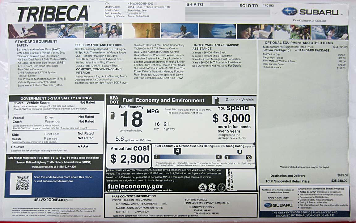 2014 subaru tribeca window monroney price sticker