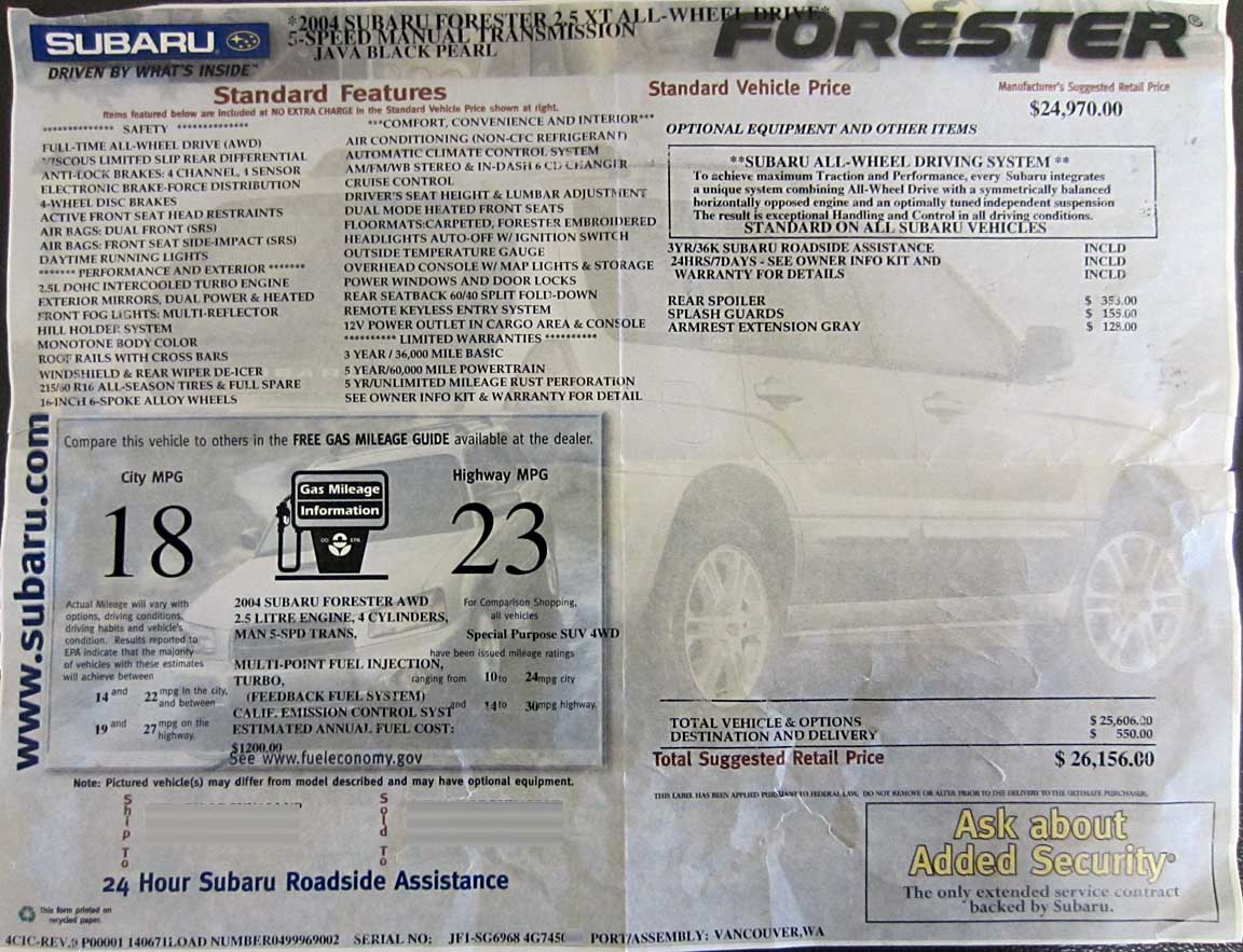 2004 subaru forester xt turbo window sticker