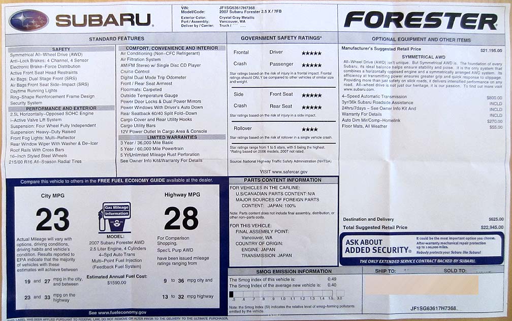 2007 subaru forester monroney label, x model
