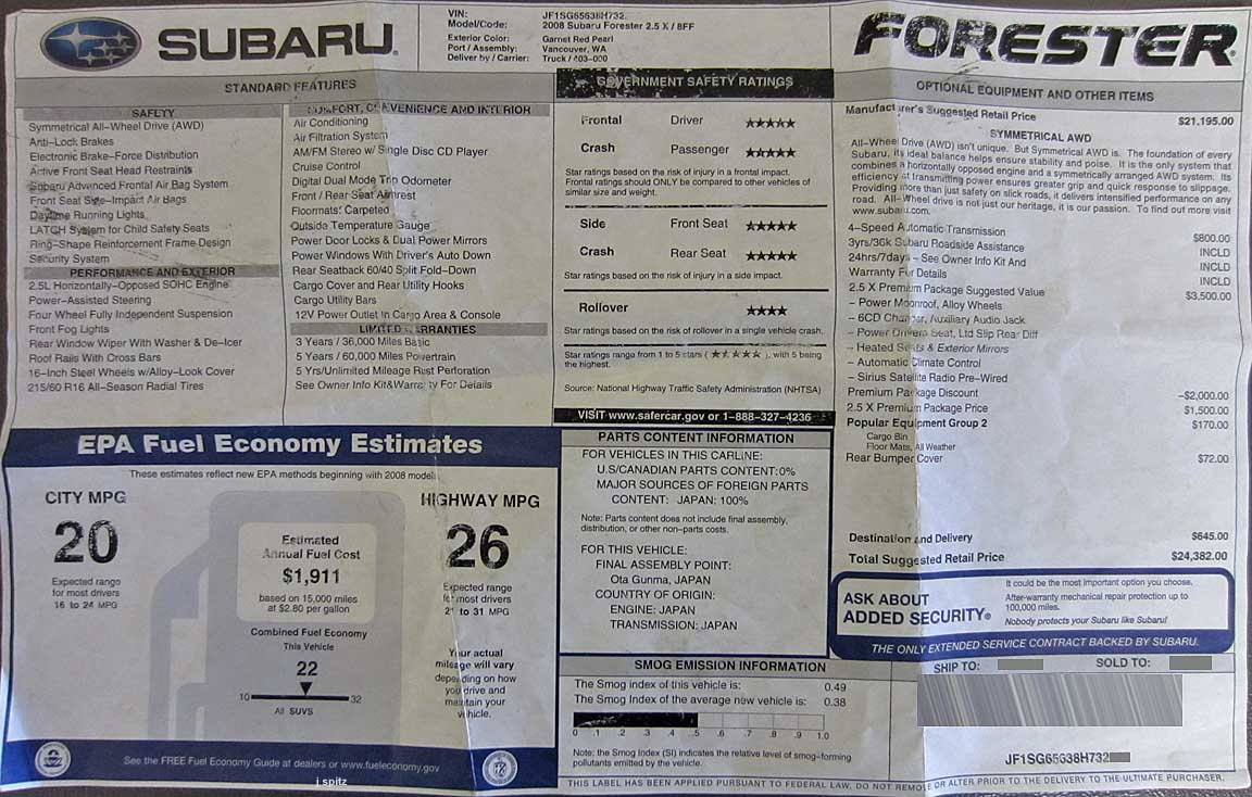 2008 subaru forester premium monroney window sticker